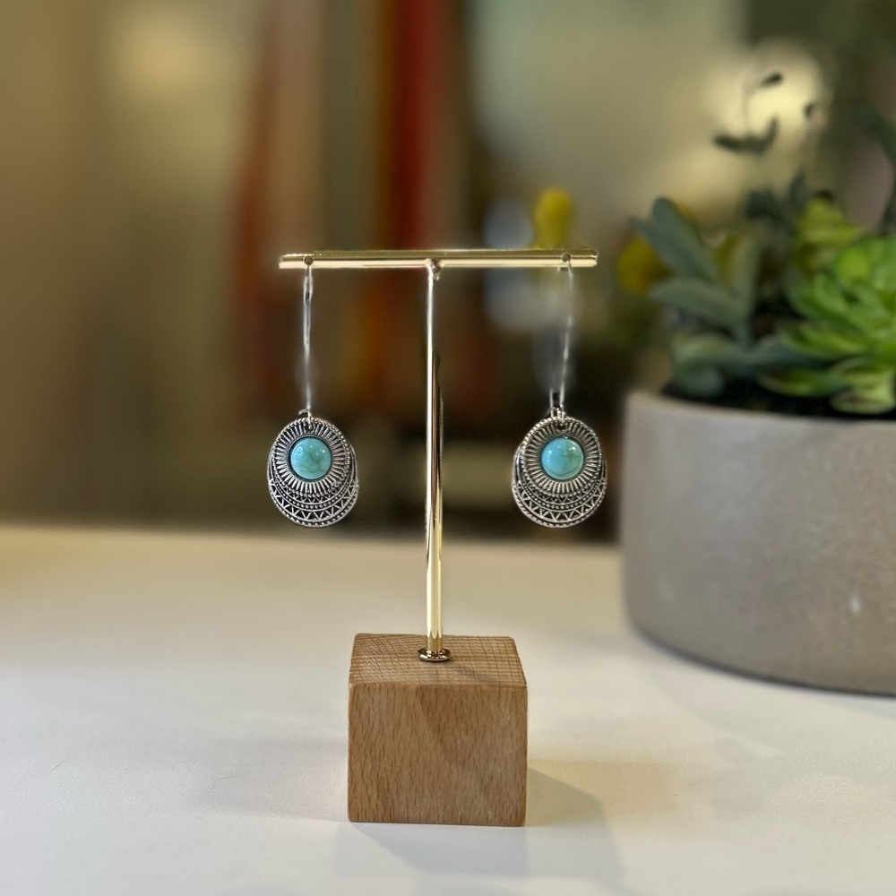 Turquoise and Silver-Tone Dangle Earrings - Picture 4 of 5